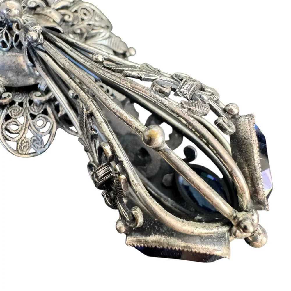 Joseff Hollywood Ornate Silver Metal Brooch with Blue Glass  Accents